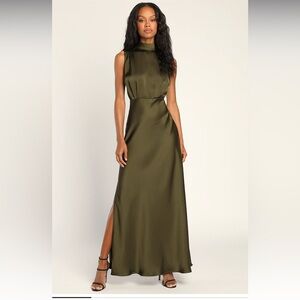 Classic Elegance Olive Satin Sleeveless Mock Neck Maxi Dress
